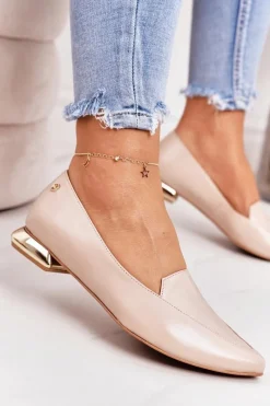 Loafersy Damskie|Mokasyny Płaskie>Laura Messi Mokasyny Na Złotym Obcasie 2013 Beżowe