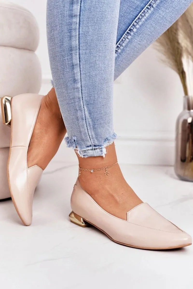 Loafersy Damskie|Mokasyny Płaskie>Laura Messi Mokasyny Na Złotym Obcasie 2013 Beżowe