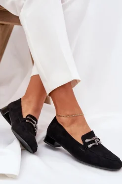 Boto Mokasyny Z Ozdobą Na Delikatnym Obcasie Eko Zamszowe Czarne Pillitha Czarny