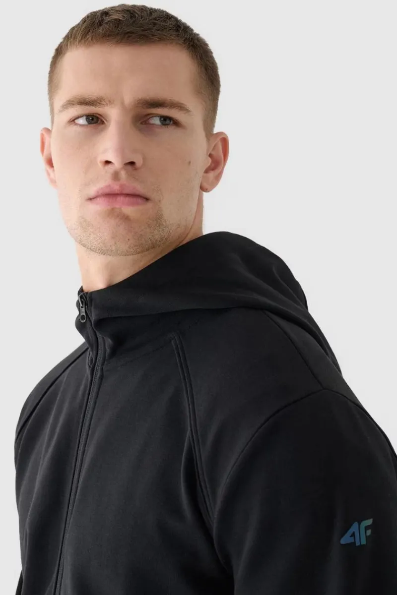 Bluzy Męskie|Odzież 4F>4F Męska Bluzka Z Kapturem Rozpinana WAW24TSWSM1256-20S Czarna Czarny