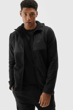 Bluzy Męskie|Odzież 4F>4F Męski Polar Z Kapturem Regular WAW24TFLEM269-20S Czarny