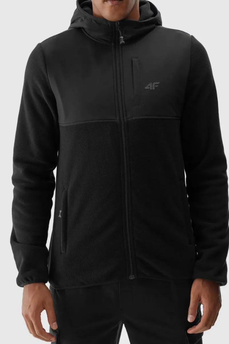 Bluzy Męskie|Odzież 4F>4F Męski Polar Z Kapturem Regular WAW24TFLEM269-20S Czarny
