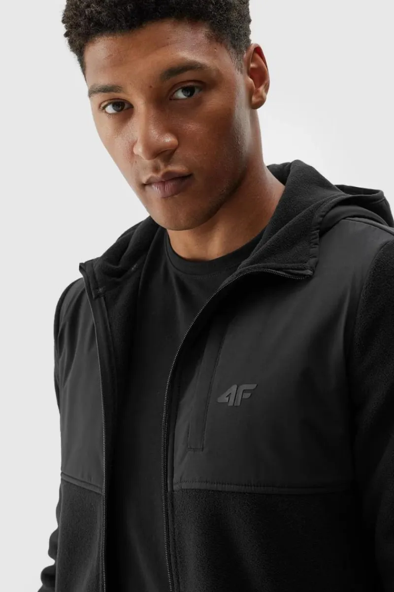 Bluzy Męskie|Odzież 4F>4F Męski Polar Z Kapturem Regular WAW24TFLEM269-20S Czarny