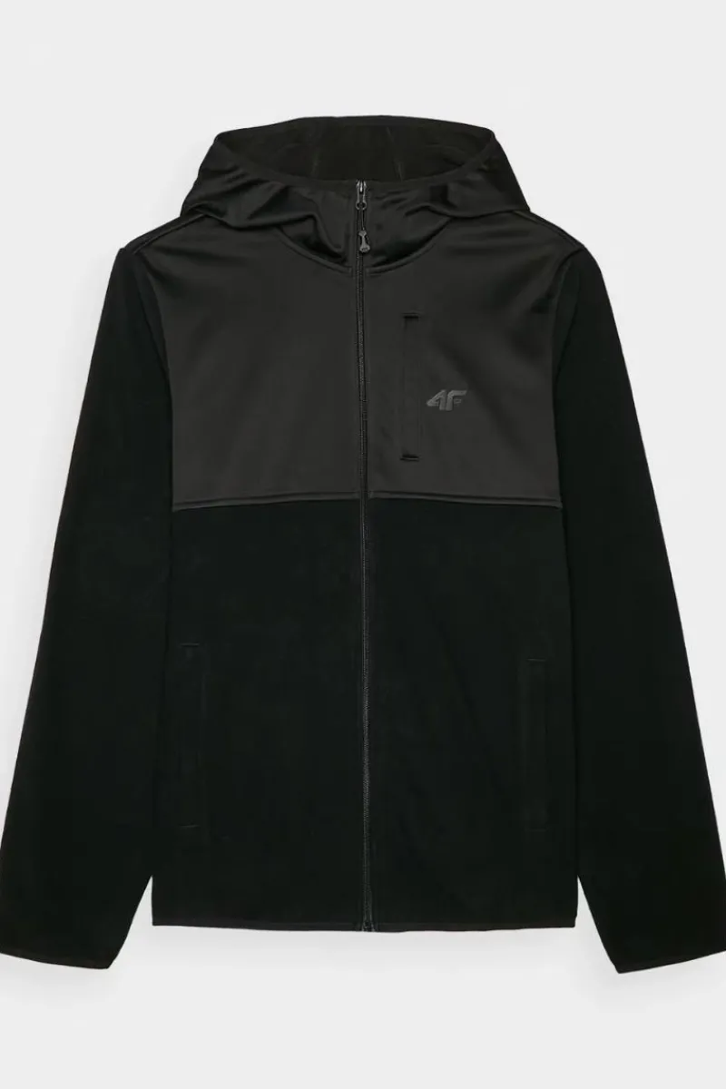 Bluzy Męskie|Odzież 4F>4F Męski Polar Z Kapturem Regular WAW24TFLEM269-20S Czarny