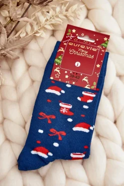 Outlet Męskie Bawełniane Skarpetki Świąteczne Wzory Granatowe Skarpetki|Skarpetki