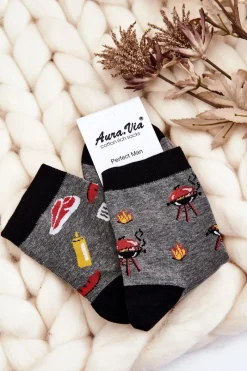 New Męskie Śmieszne Skarpetki Nie Do Pary Grill I Kiełbaski Szare Skarpetki|Skarpetki