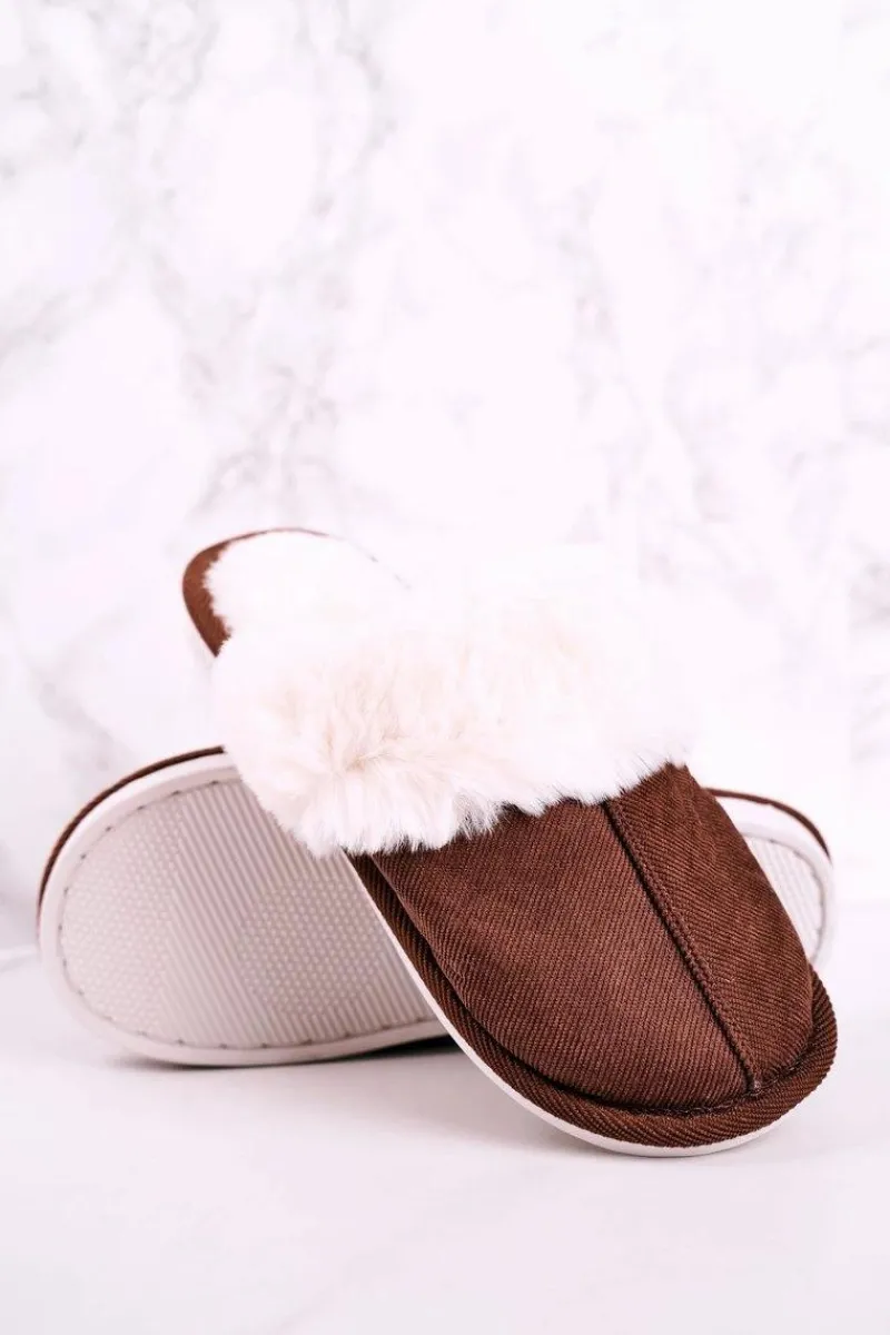 Outlet Męskie Papcie Klapki z Futerkiem Brązowe Homely Damskie Papcie Męskie|Klapki Z Futerkiem