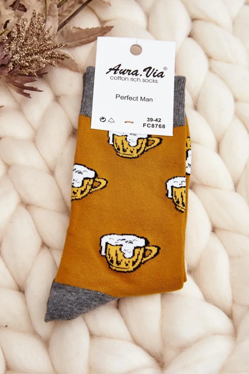 Outlet Męskie Skarpetki We Wzory Piwo Żółto-Szare Skarpetki|Skarpetki