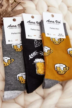 Outlet Męskie Skarpetki We Wzory Piwo Żółto-Szare Skarpetki|Skarpetki