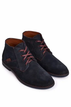 Hot Męskie Skórzane Botki Trzewiki BEDNAREK Granatowe Męskie Botki Męskie