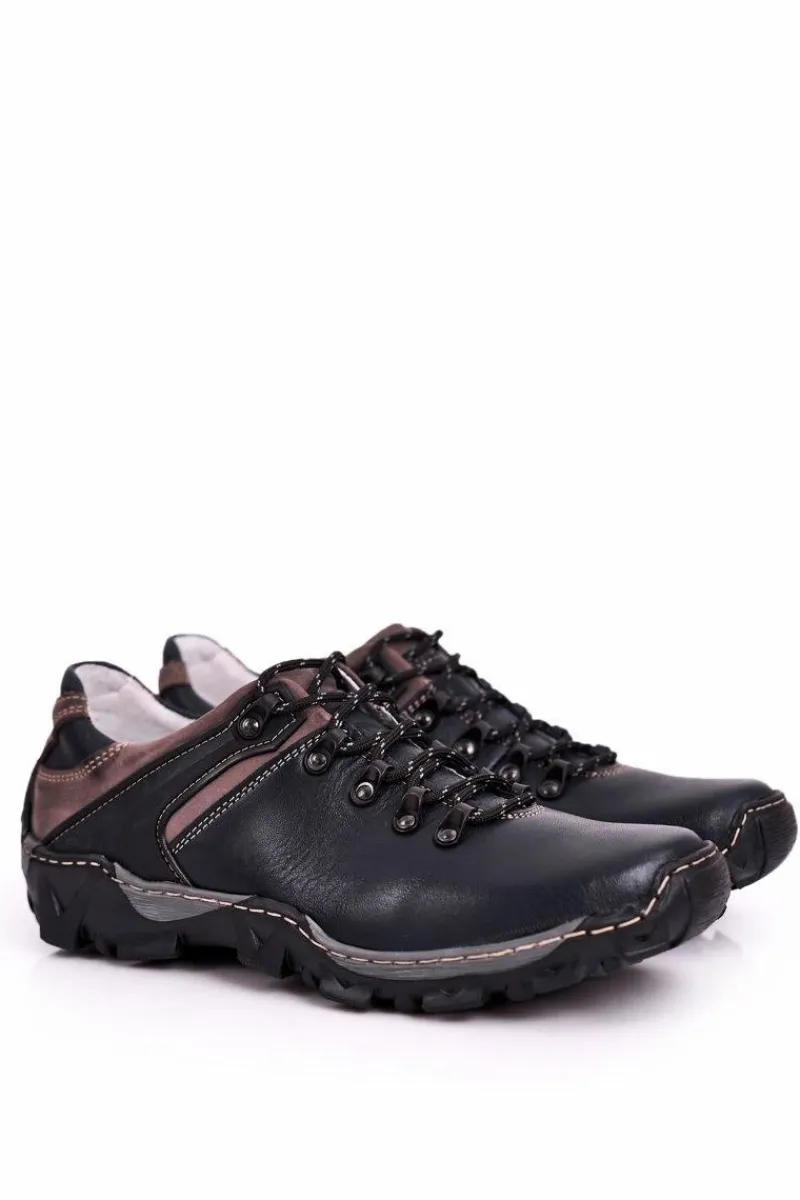 Outlet Męskie Skórzane Półbuty Trekkingowe BEDNAREK Granatowe Męskie Obuwie Trekkingowe Męskie