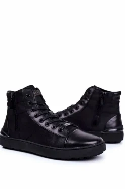 Trampki Wysokie|Trampki Męskie Wysokie>GOE Męskie Trampki Skórzane Czarne GG1N3019