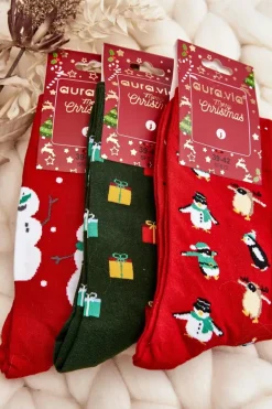 Aura.via Męskie Świąteczne Bawełniane Skarpetki Z Pingwinami Czerwone