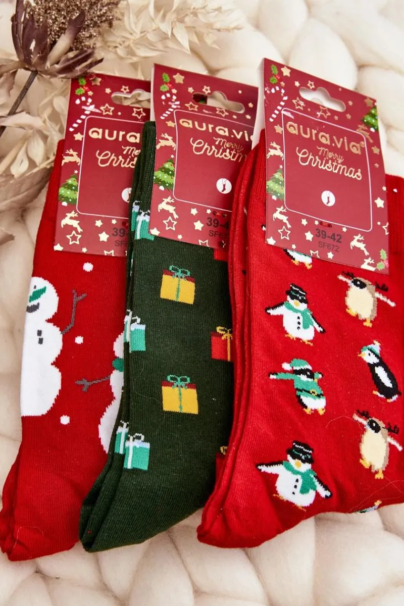 Aura.via Męskie Świąteczne Bawełniane Skarpetki Z Pingwinami Czerwone