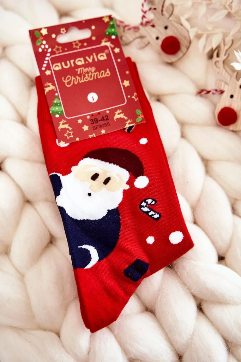 Skarpetki|Skarpetki>Aura.via Męskie Świąteczne Bawełniane Skarpetki Z Mikołajem I Reniferem Czerwone Czerwony