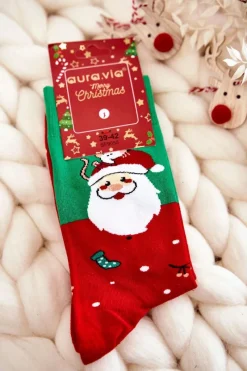 Skarpetki|Skarpetki>Aura.via Męskie Świąteczne Bawełniane Skarpetki Z Mikołajem Zielono-Czerwone