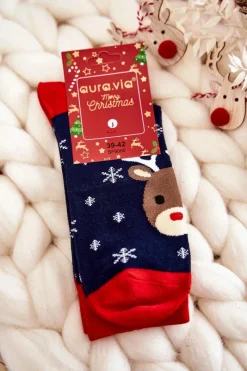 Sale Męskie Świąteczne Skarpetki Renifer Granatowo-Czerwone Skarpetki|Skarpetki