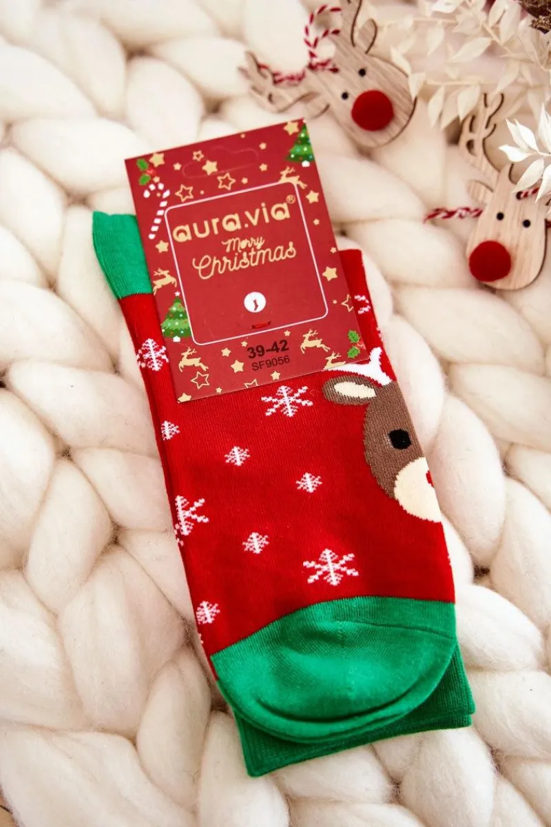 Skarpetki|Skarpetki>Aura.via Męskie Świąteczne Skarpetki Renifer Czerwono-Zielone