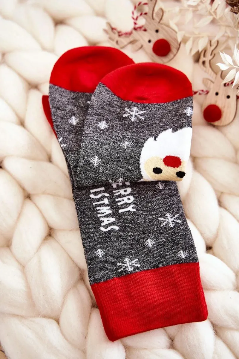 Outlet Aura.via Męskie Świąteczne Skarpetki Mikołaj Szaro-Czerwone