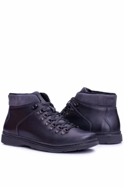 Botki Męskie>Boto Neex Czarne Skórzane Męskie Ocieplane Botki Trzewiki Timmo