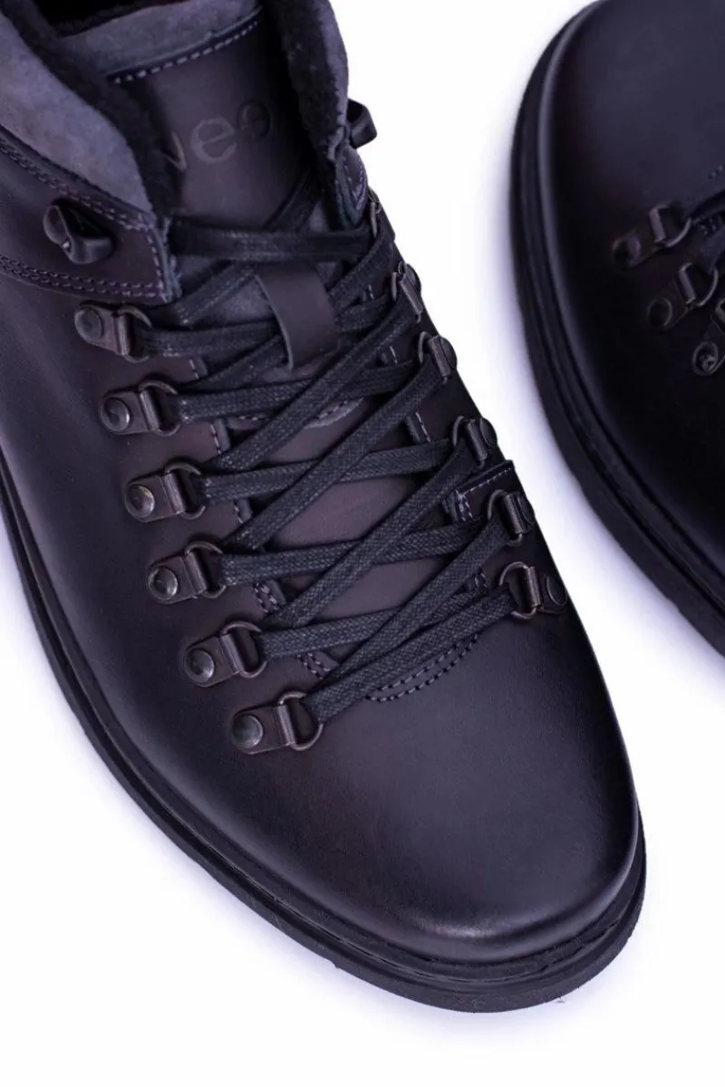 Botki Męskie>Boto Neex Czarne Skórzane Męskie Ocieplane Botki Trzewiki Timmo