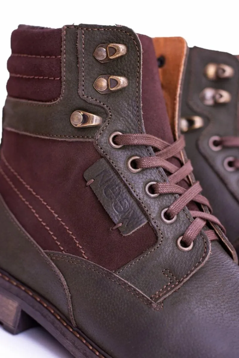 Botki Męskie>Boto Neex Oliwkowe Skórzane Ocieplane Męskie Botki Grigor