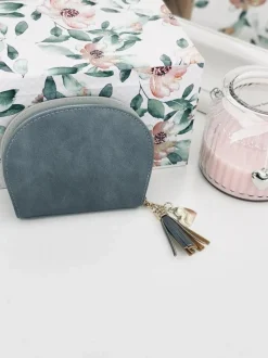 Outlet Niebieska Damska Portmonetka Portfel z Frędzlem Portfele