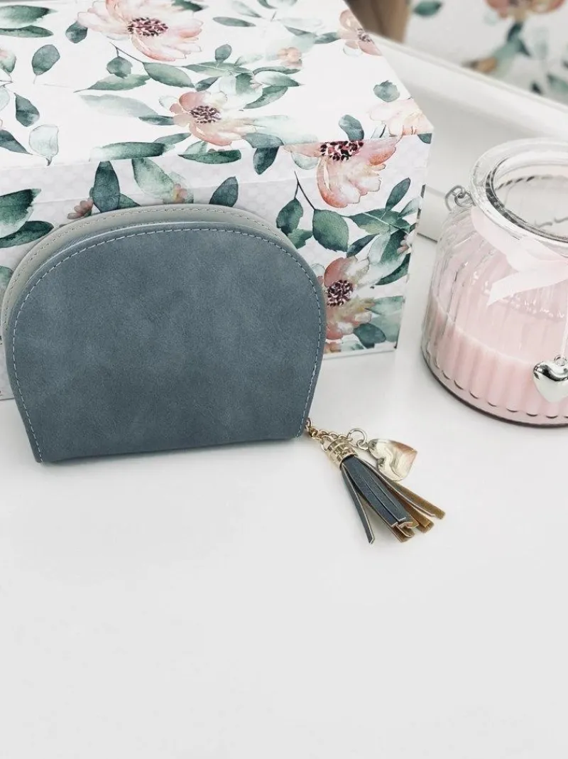 Outlet Niebieska Damska Portmonetka Portfel z Frędzlem Portfele