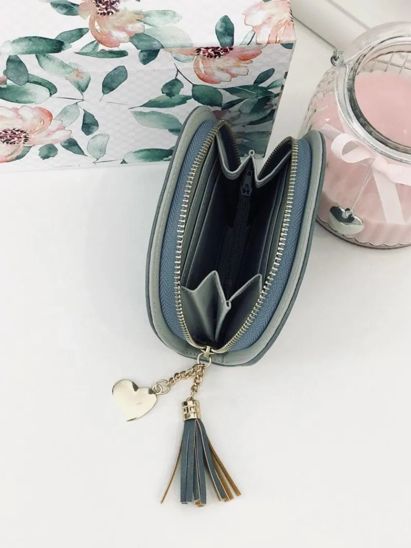 Outlet Niebieska Damska Portmonetka Portfel z Frędzlem Portfele