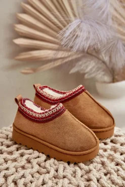 Sale Boto Śniegowce Botki Dziecięce Na Platformie Ocieplane Futerkiem Camel Vilabria Brązowy