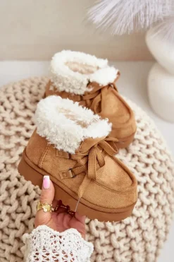 Dziewczęce|Chłopięce>Boto Śniegowce Botki Dziecięce Ocieplane Futerkiem Camel Adelane Brązowy