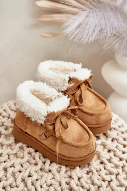 Dziewczęce|Chłopięce>Boto Śniegowce Botki Dziecięce Ocieplane Futerkiem Camel Adelane Brązowy