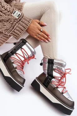 Śniegowce Damskie></noscript>D.Franklin Śniegowce Damskie Na Grubej Podeszwie Wegańskie DFSH371006 Srebrne Srebrny