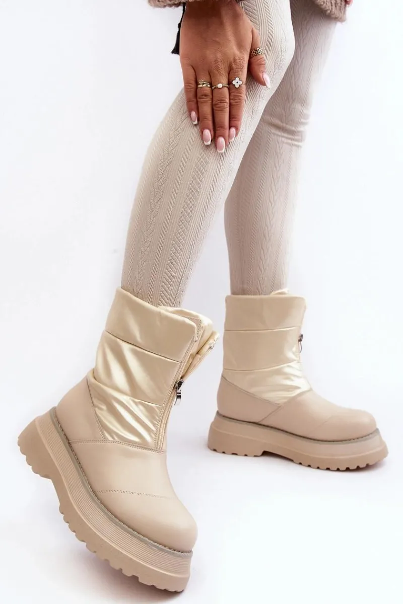 Śniegowce Damskie>GOE Śniegowce Damskie Na Grubej Podeszwie Z Suwakiem MM2N4079 Beżowe Beżowy