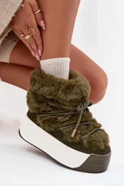 Śniegowce Damskie>Boto Śniegowce Damskie Na Masywnej Platformie Z Wiązaniem I Futerkiem Ciemnozielone Kalivira