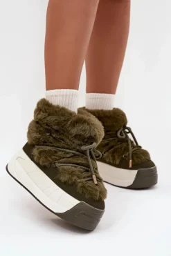 Śniegowce Damskie>Boto Śniegowce Damskie Na Masywnej Platformie Z Wiązaniem I Futerkiem Ciemnozielone Kalivira