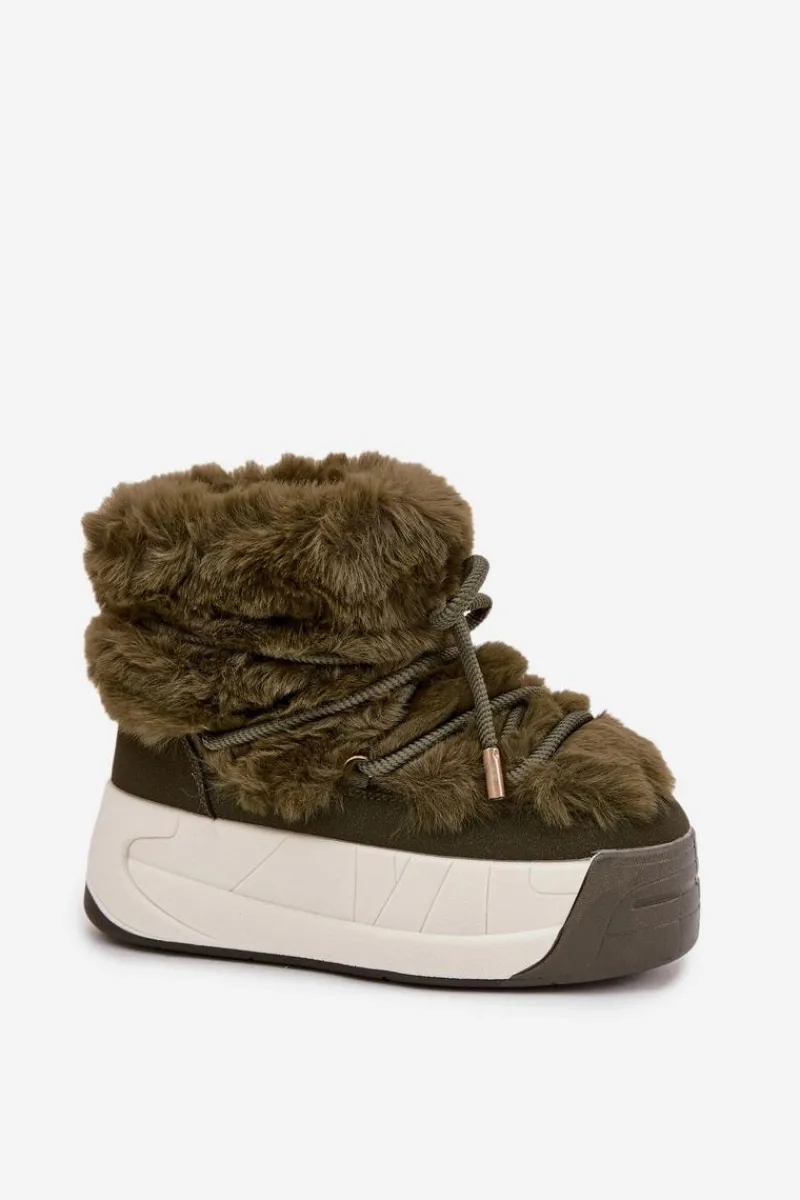 Śniegowce Damskie>Boto Śniegowce Damskie Na Masywnej Platformie Z Wiązaniem I Futerkiem Ciemnozielone Kalivira