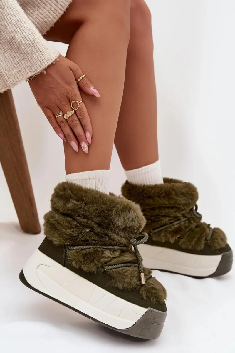 Śniegowce Damskie>Boto Śniegowce Damskie Na Masywnej Platformie Z Wiązaniem I Futerkiem Ciemnozielone Kalivira