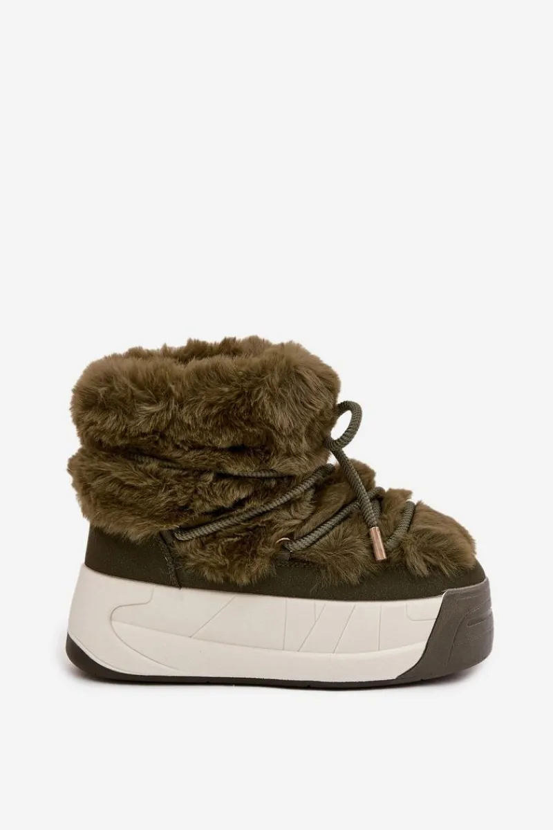 Śniegowce Damskie>Boto Śniegowce Damskie Na Masywnej Platformie Z Wiązaniem I Futerkiem Ciemnozielone Kalivira