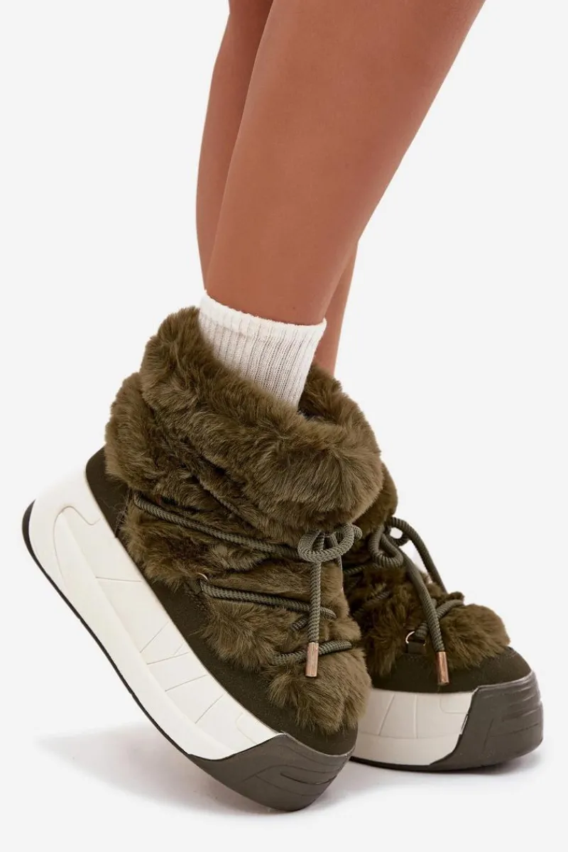Śniegowce Damskie>Boto Śniegowce Damskie Na Masywnej Platformie Z Wiązaniem I Futerkiem Ciemnozielone Kalivira