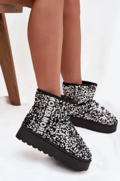 Online Boto Śniegowce Damskie Na Platformie Zdobione Cekinami Czarno-Srebrne Silmo Srebrny