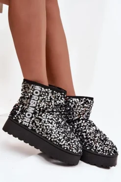 Online Boto Śniegowce Damskie Na Platformie Zdobione Cekinami Czarno-Srebrne Silmo Srebrny