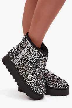 Online Boto Śniegowce Damskie Na Platformie Zdobione Cekinami Czarno-Srebrne Silmo Srebrny