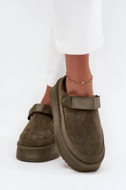 Boto Śniegowce Damskie Na Platformie Z Rzepem Ciemnozielone Jorielle Zielony