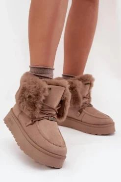 Śniegowce Damskie>Big Star Shoes Śniegowce Damskie Na Platformie Z Futerkiem I Wiązaniem Big Star SS274114 Beżowe Beżowy