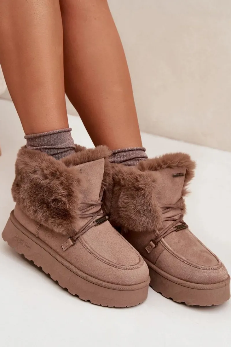 Śniegowce Damskie>Big Star Shoes Śniegowce Damskie Na Platformie Z Futerkiem I Wiązaniem Big Star SS274114 Beżowe Beżowy