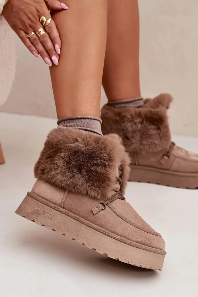 Śniegowce Damskie>Big Star Shoes Śniegowce Damskie Na Platformie Z Futerkiem I Wiązaniem Big Star SS274114 Beżowe Beżowy