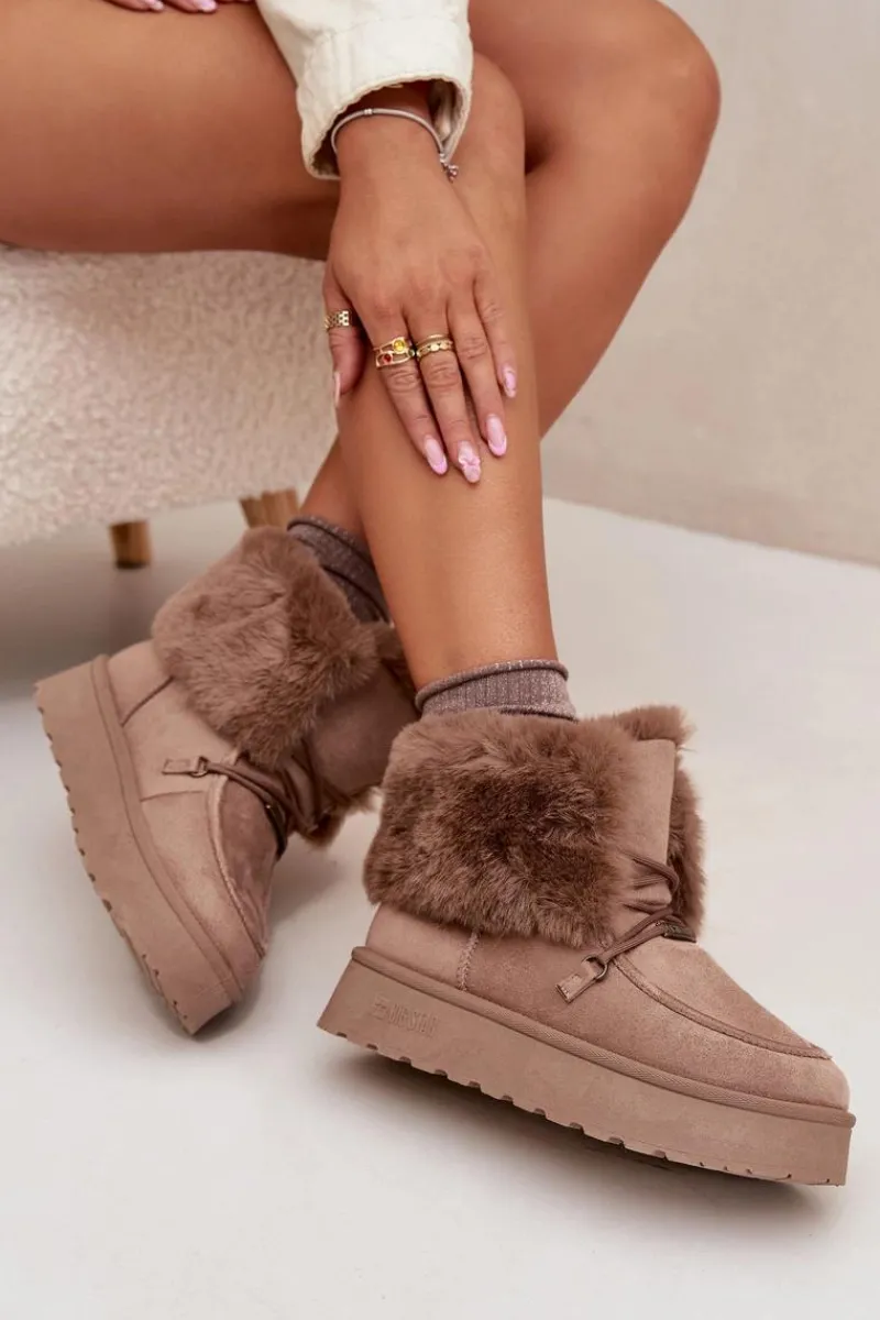 Śniegowce Damskie>Big Star Shoes Śniegowce Damskie Na Platformie Z Futerkiem I Wiązaniem Big Star SS274114 Beżowe Beżowy