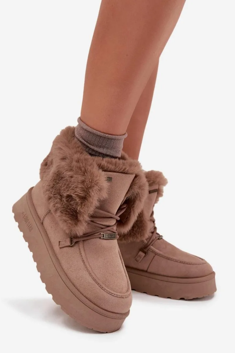 Śniegowce Damskie>Big Star Shoes Śniegowce Damskie Na Platformie Z Futerkiem I Wiązaniem Big Star SS274114 Beżowe Beżowy