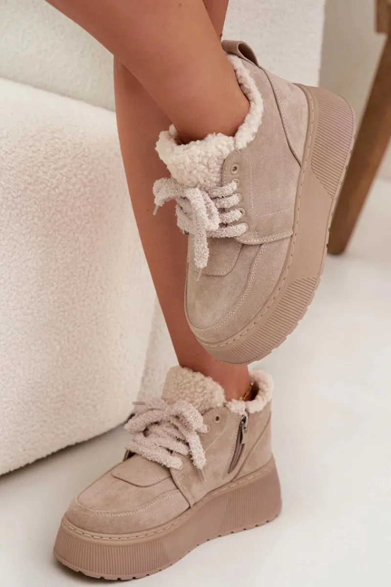 Best Boto Śniegowce Damskie Na Platformie Z Futerkiem Typu Baranek Beżowe Luma